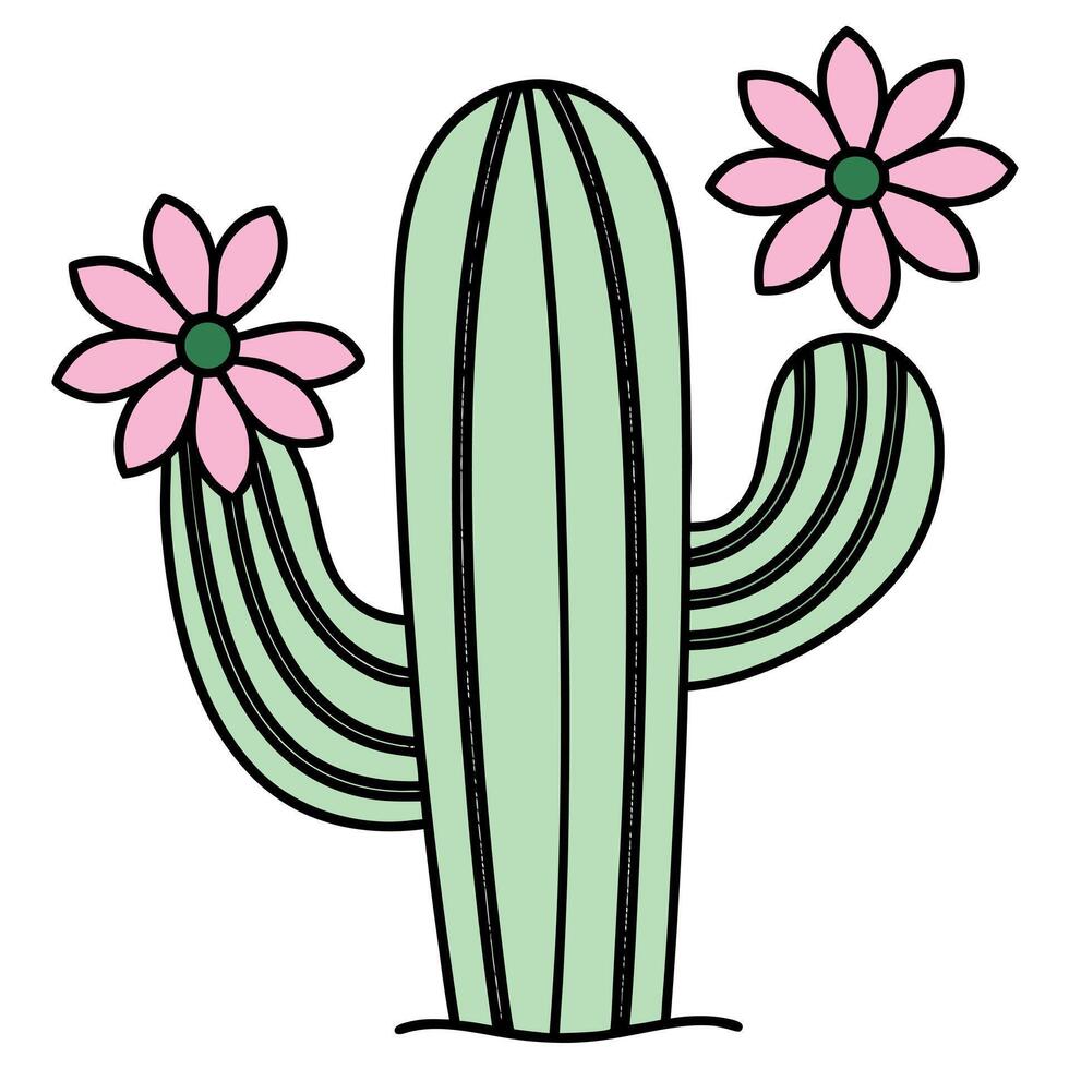 Pale green cactus with pink flowers plant desert vector