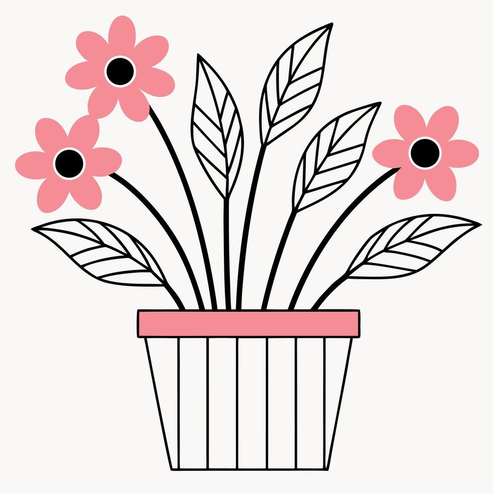Pink flowers in striped pot black centers green leaves vector