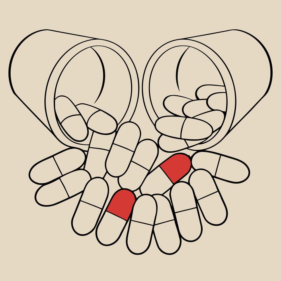 Pills spilling from containers onto beige background vector