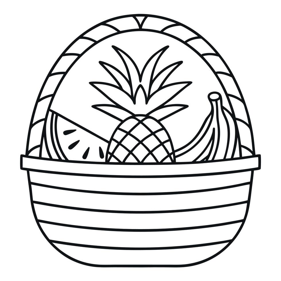 Black and White Line Drawing Fruit Basket Pineapple Watermelon Banana vector