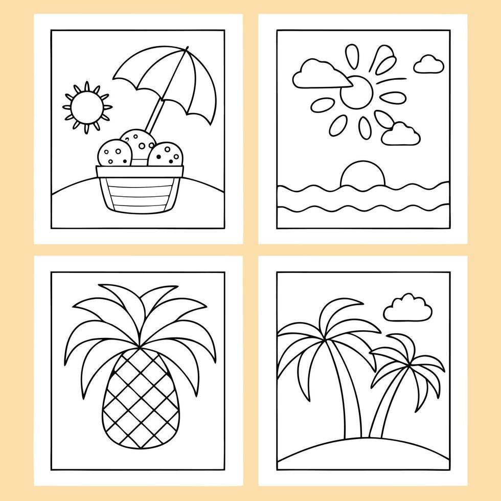 Four Summer Coloring Pages Beach Pineapple Sun coloring book vector