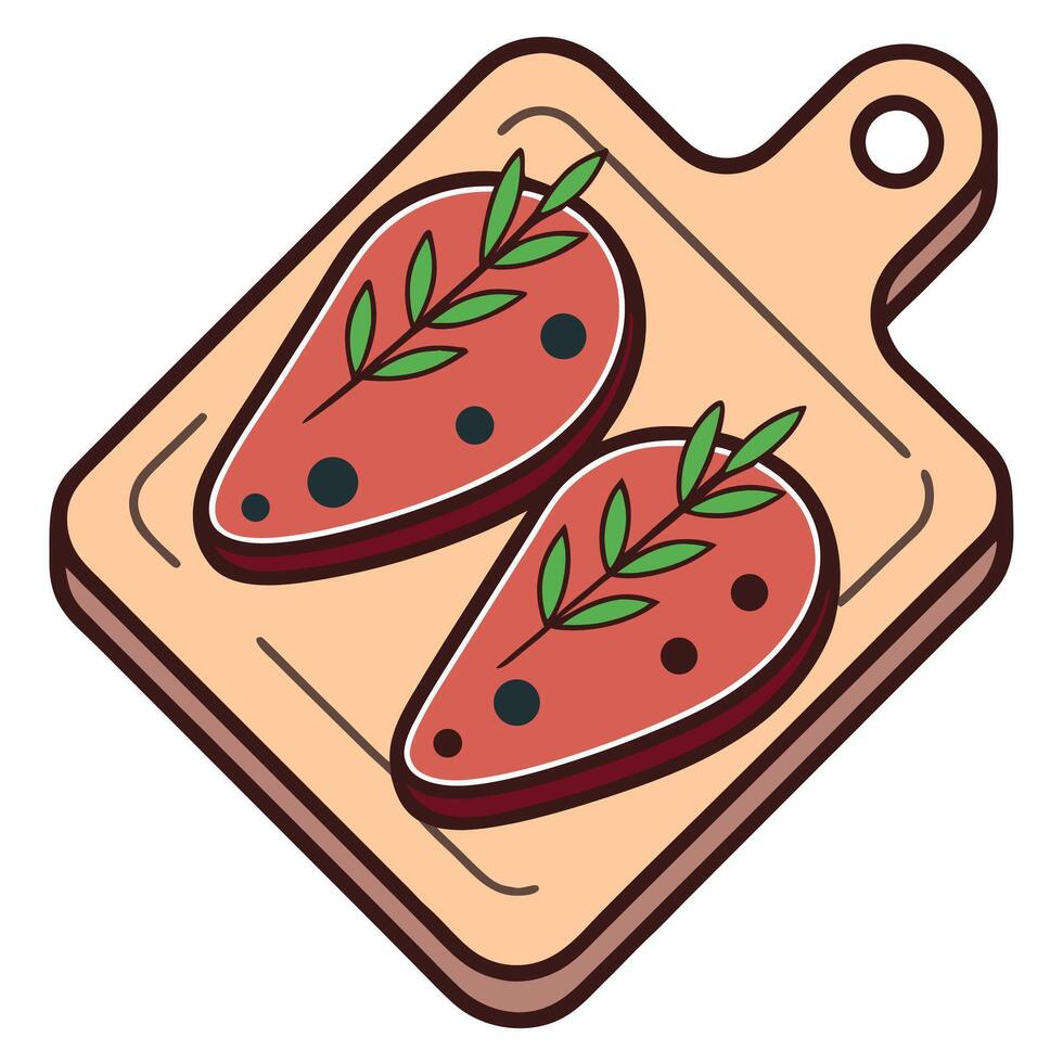 Raw meat steaks with herbs on cutting board food vector