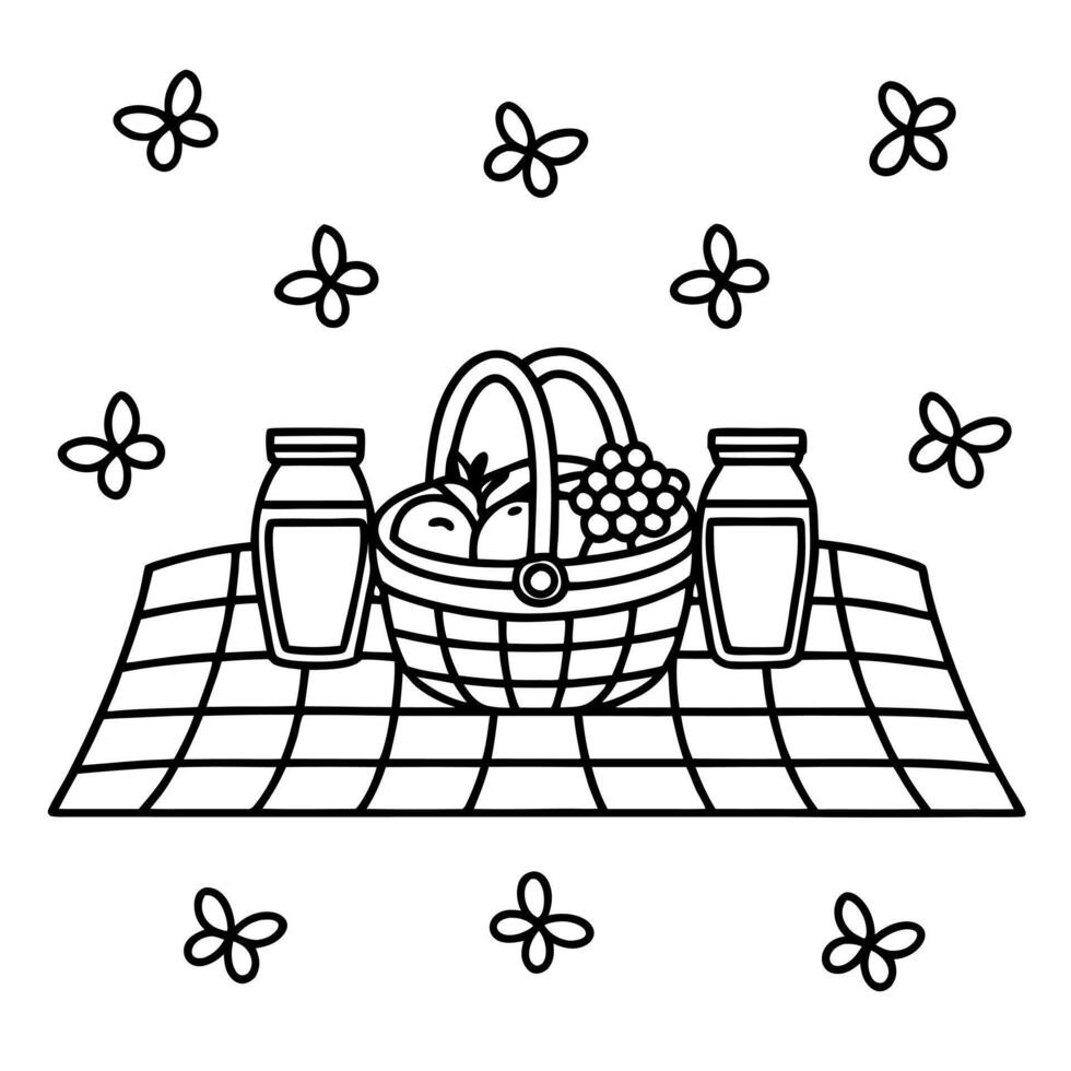 Picnic Basket Fruit Juice Bottles Flowers Checkered Blanket Line Art vector