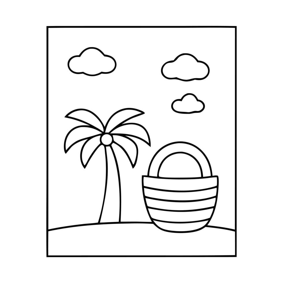 Line Drawing Palm Tree Striped Basket Clouds Beach Scene vector