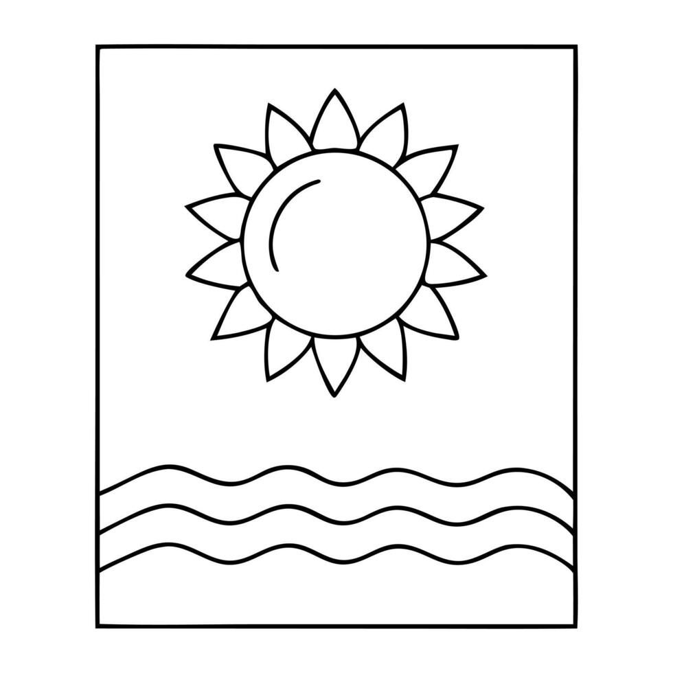 Simple Line Drawing Sun Ocean Waves Summer Beach vector