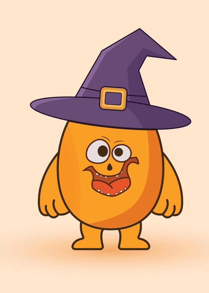 Cartoon Halloween Character Orange Creature with Purple Witch Hat and Goofy Expression vector