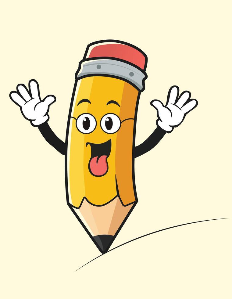 Happy Cartoon Pencil Character with Waving Hands Drawing a Line on Cream Background vector