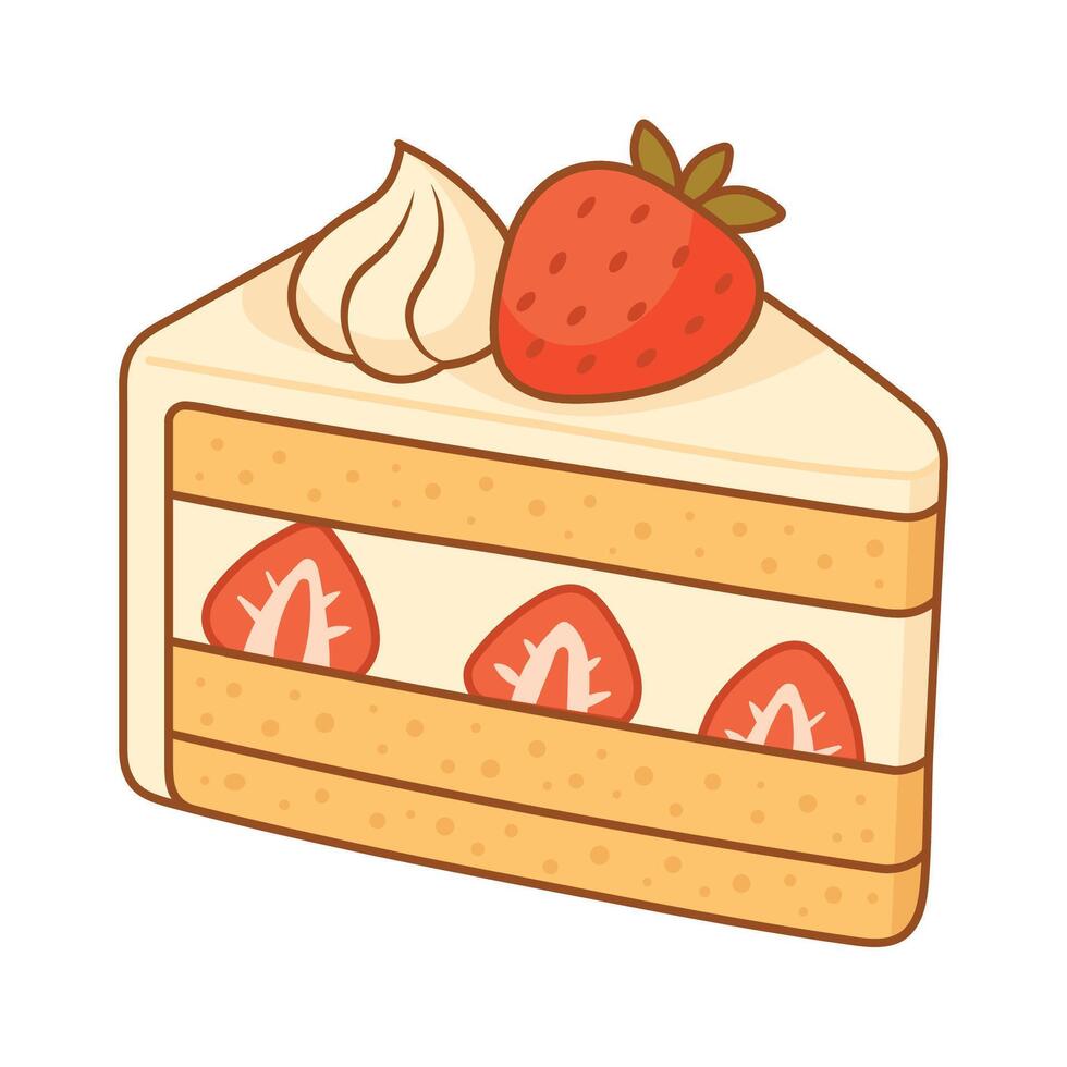 Cute Strawberry Shortcake Slice Illustration with Whipped Cream and Fresh Fruit Layers vector