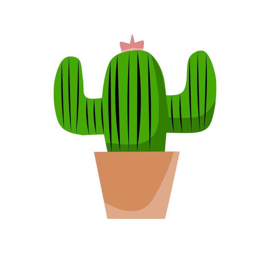 Simple green cactus with pink flower in a brown pot isolated on white background art vector