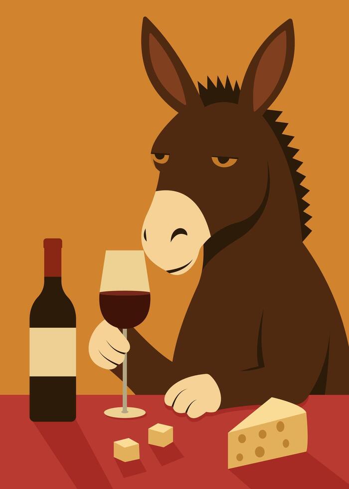 Donkey Drinking Wine with Cheese Minimalist Cartoon Illustration vector