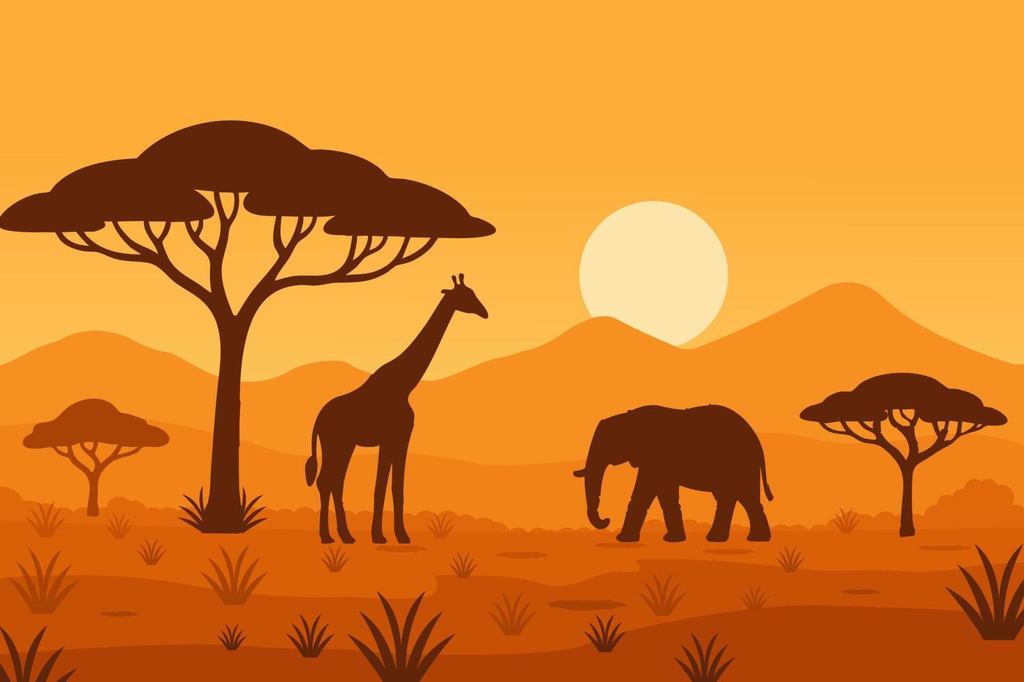 African Safari Landscape with Giraffe and Elephant at Sunset vector