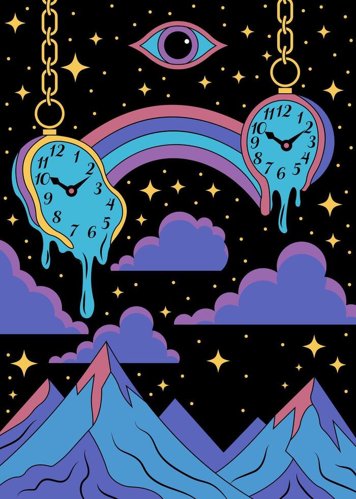 Surreal Melting Clocks with Cosmic Rainbow and Mountains Psychedelic Art vector