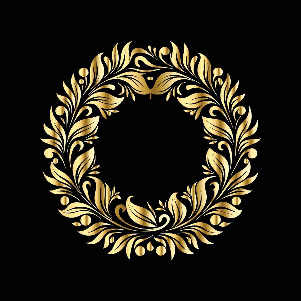 golden laurel wreath on black background. Gold vintage frame vector