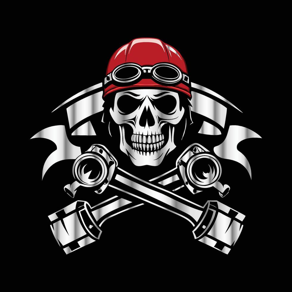 skull with red helmet and wrenches on black background. vector