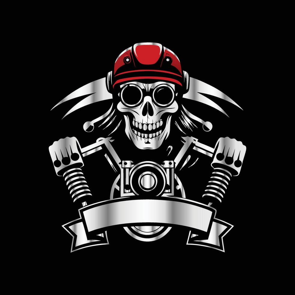 skull with motorcycle helmet and red ribbon on black background vector