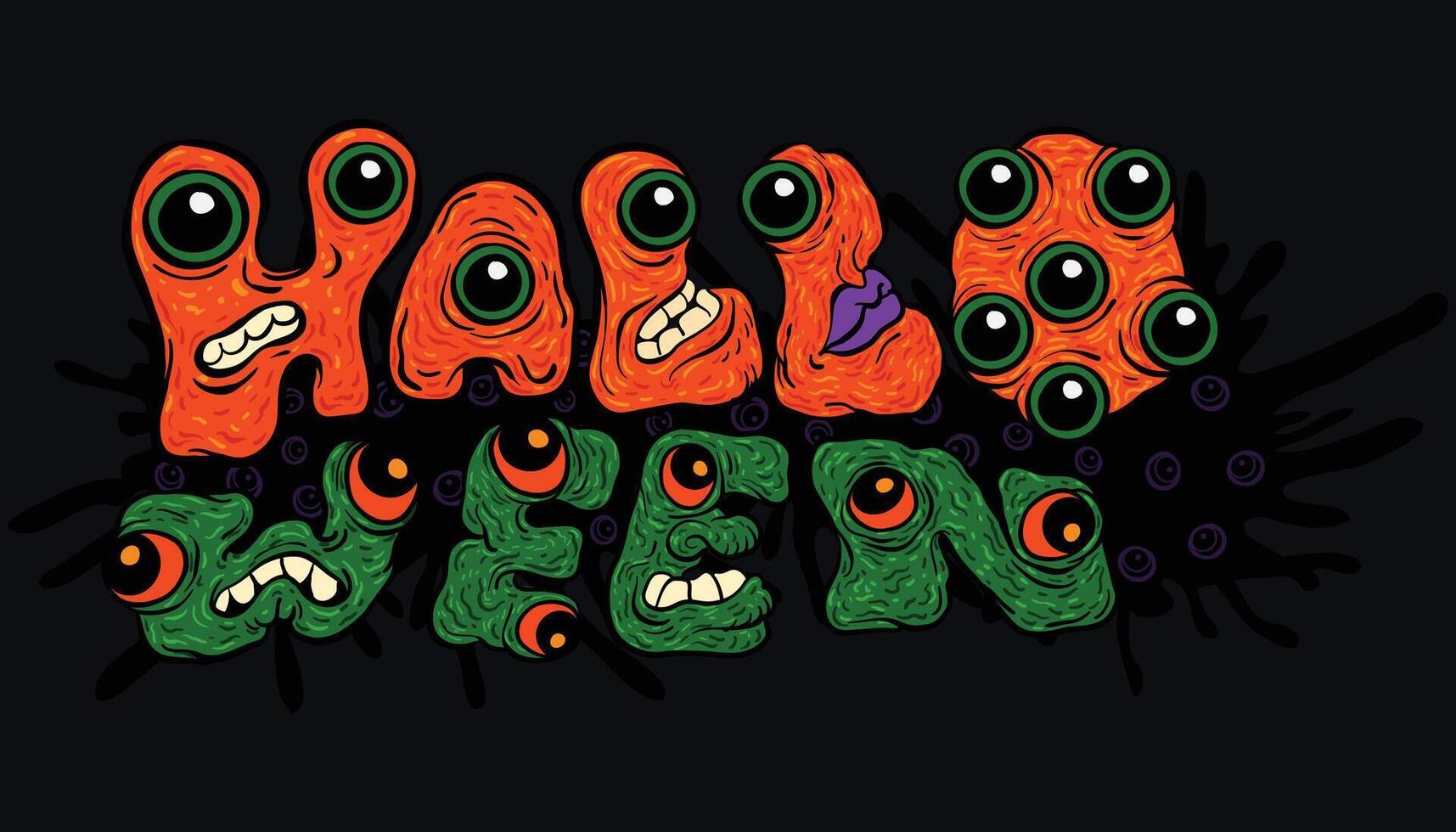 Halloween lettering title with whimsical eyeballs spooky monster illustration banner vector