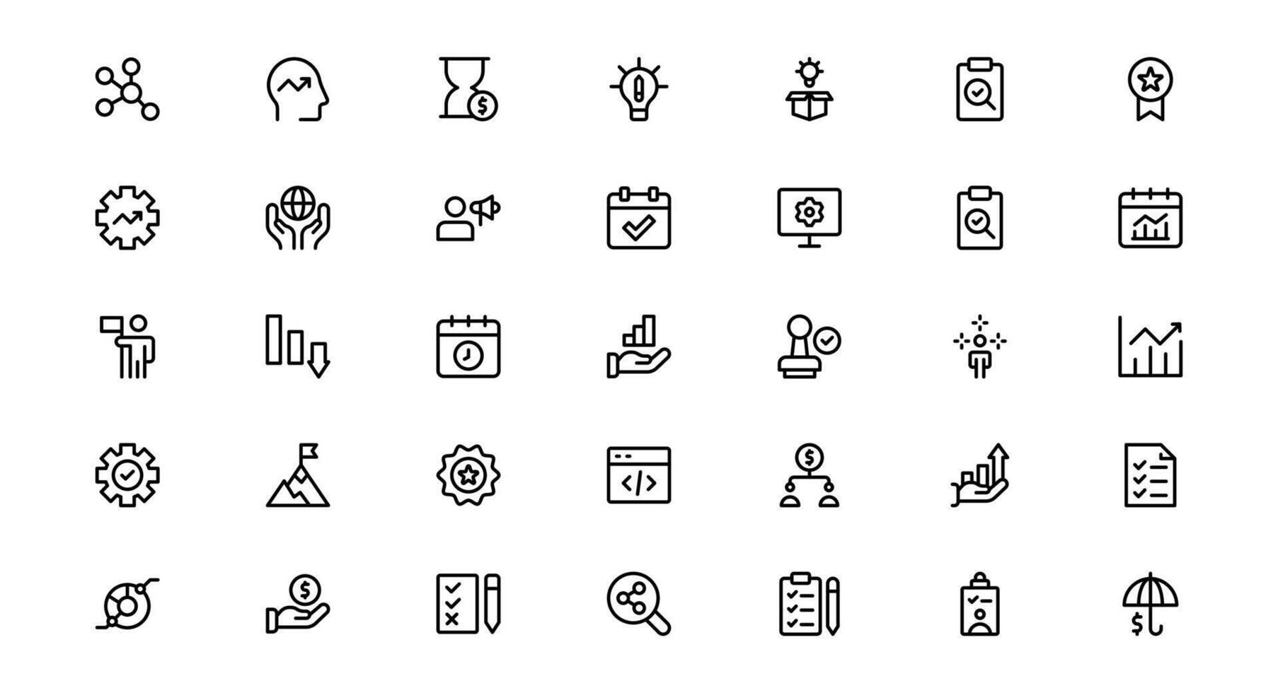 Professional Business Strategy Icon Set Bundle Featuring Planning, Analysis, Goals, Innovation, and Growth in a Clean Minimal Style vector