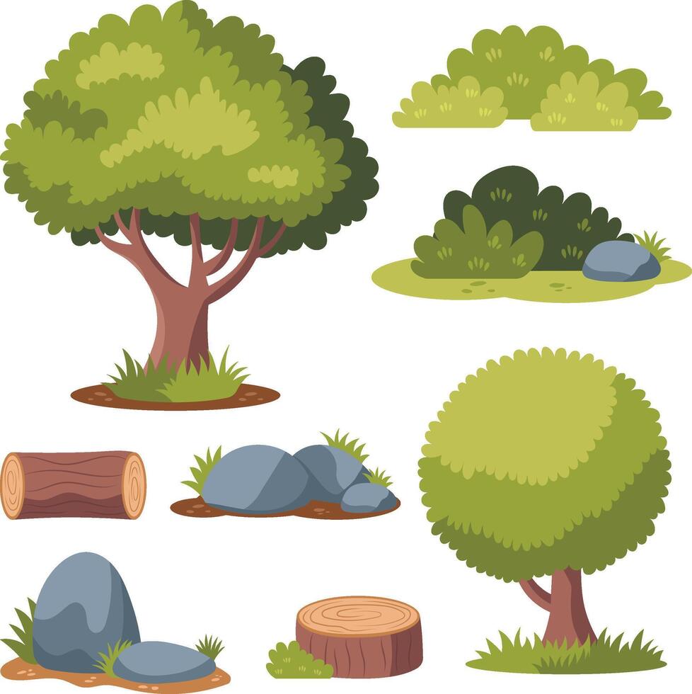 illustration set of collection of trees, bushes, rocks and logs cartoon vector