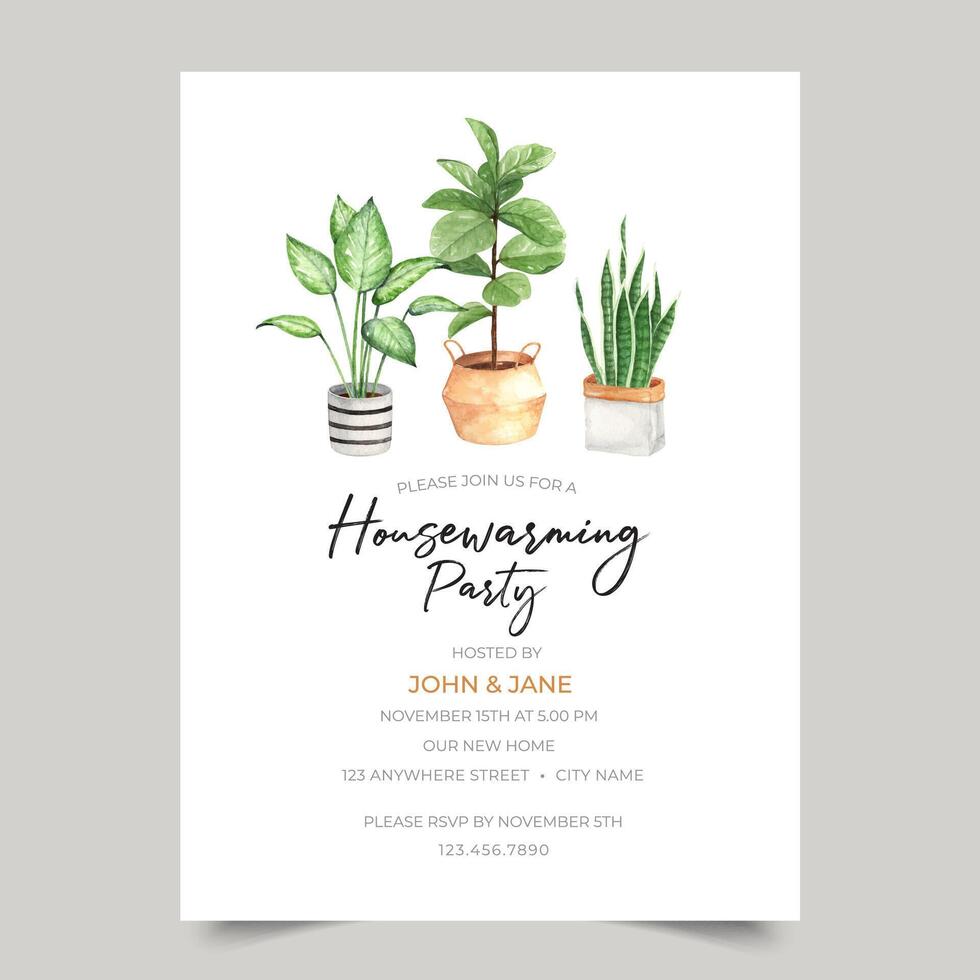 Housewarming party invitation template with watercolor indoor plant illustration vector