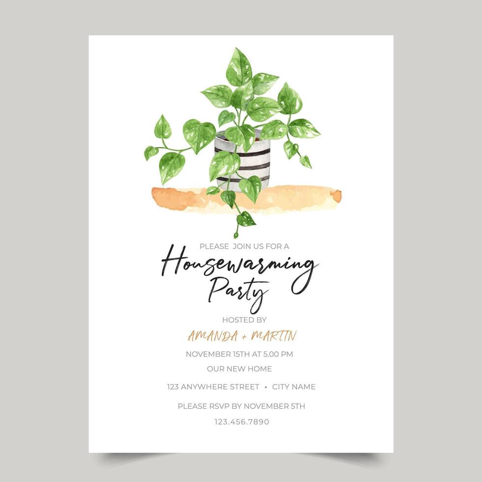 Housewarming party invitation template with devil's ivy watercolor urban plant illustration vector