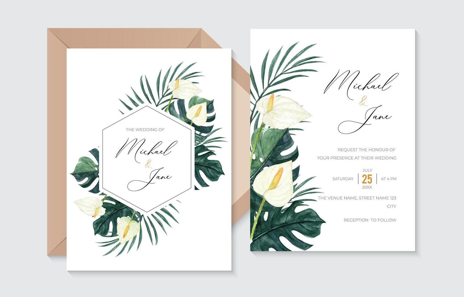 Beautiful Tropical Wedding Invitation with Watercolor Anthurium, Monstera and Palm Leaves vector