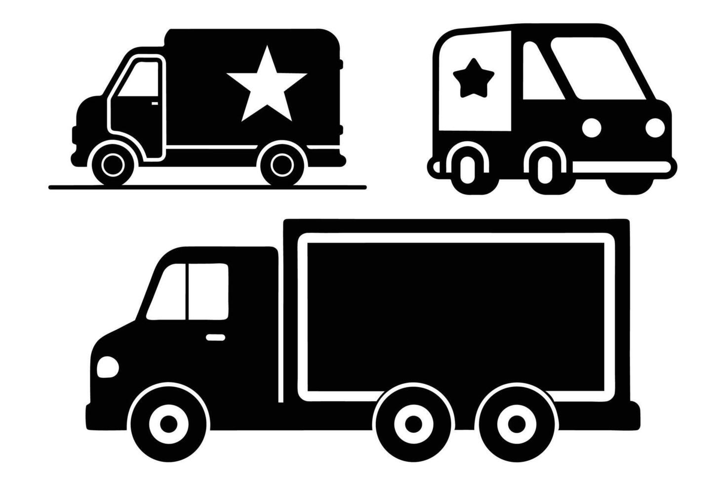 Flat Black Silhouette Delivery and Cargo Truck Icon Set vector