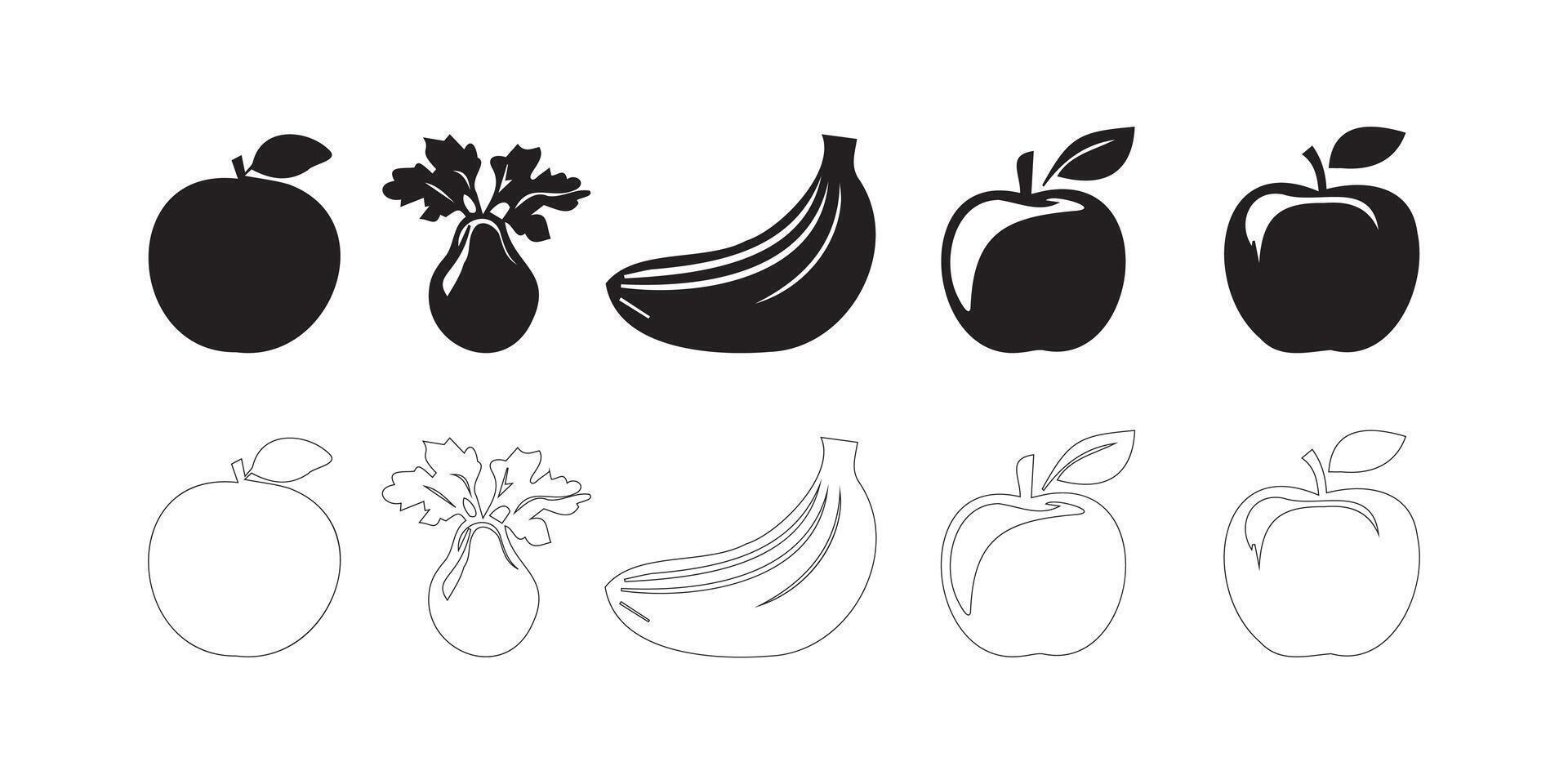 Collection of black and white fruit silhouettes and line art vector