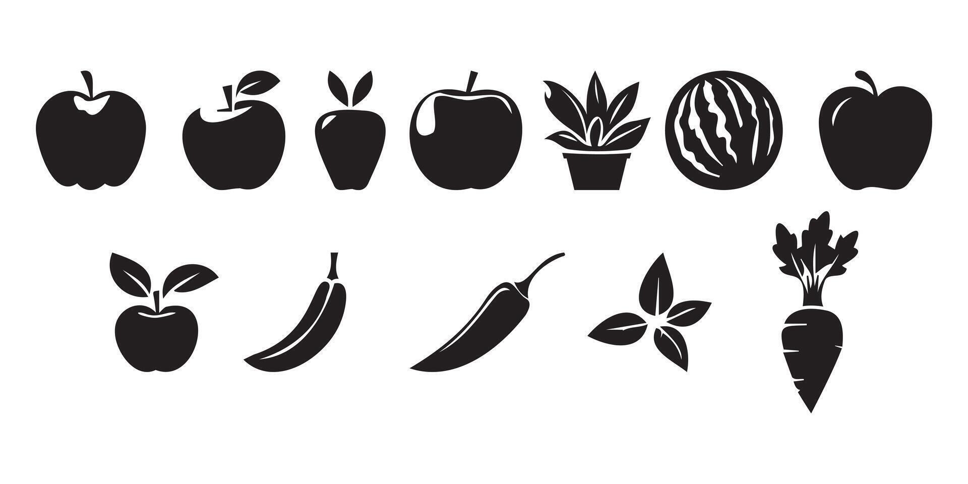 Collection of assorted fruits and vegetables in a clean silhouette style vector