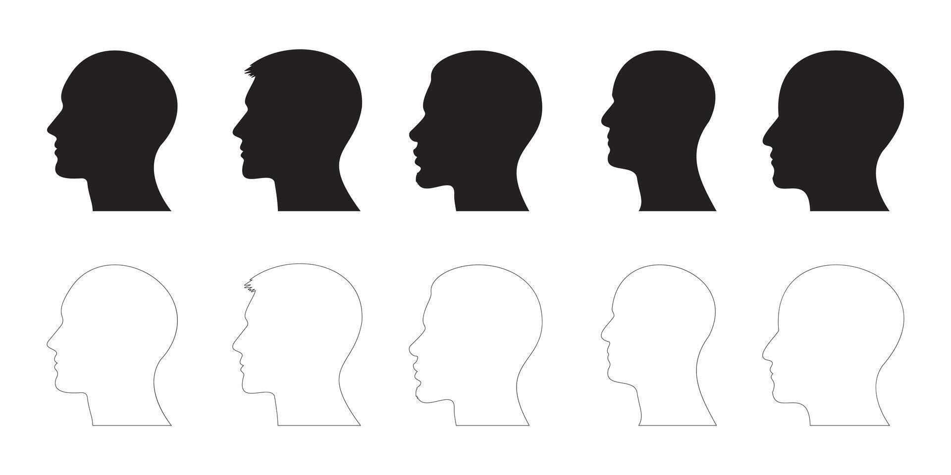Diverse male head profiles in black silhouette and outline styles vector