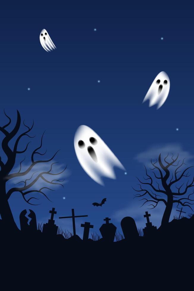 Horizontal Happy Halloween mockup card with ghosts, clouds, graveyard, bat on dark blue black background. Perfect for poster, banner, card and more. illustration in flat style vector