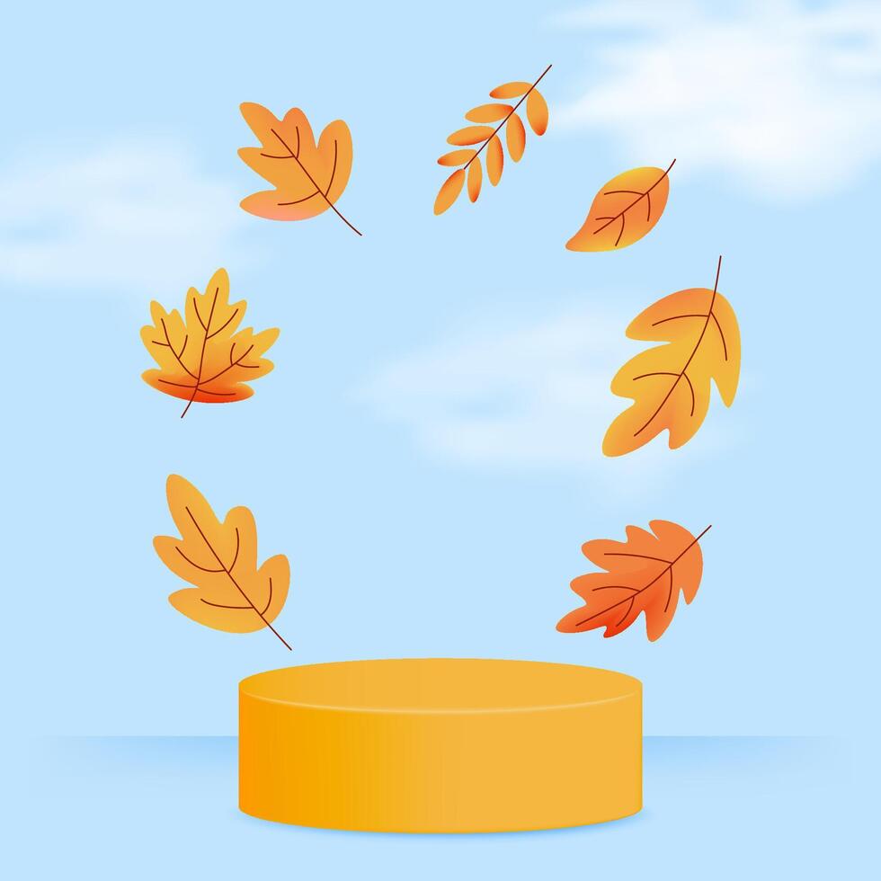 Autumn square design with yellow podium and flying foliage. Ideal for social posts, banners or greeting cards. illustration vector