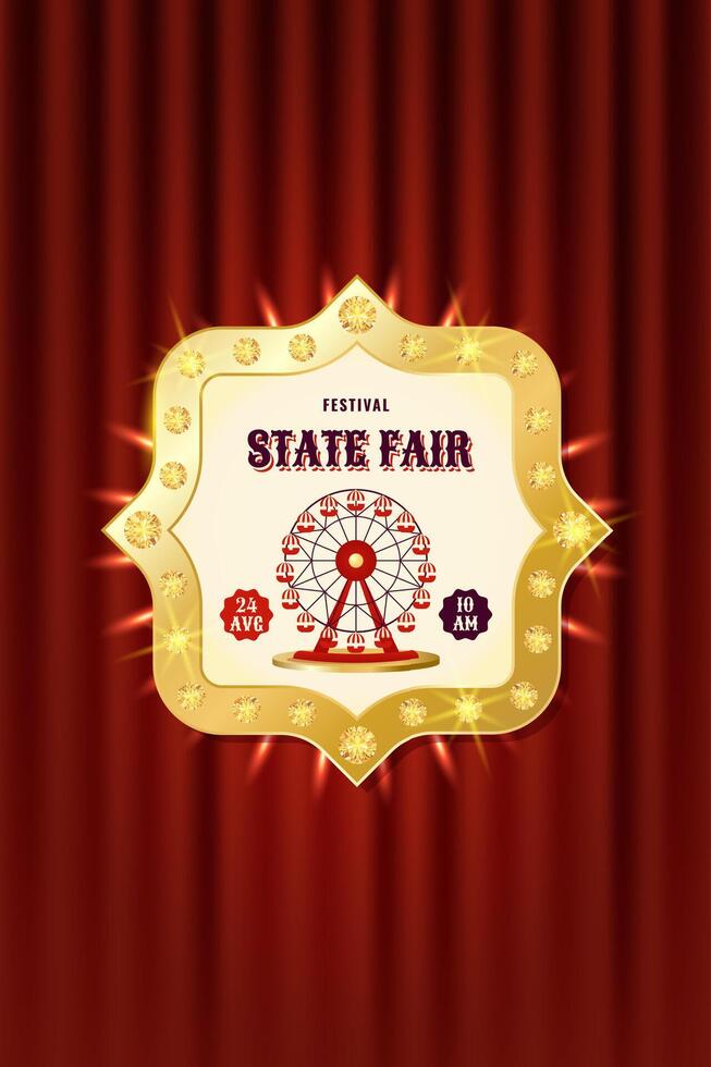 Retro festival State fair badge with ferris wheel and gold details. Template for event branding, flyers, posters or souvenirs. Verical illustration vector