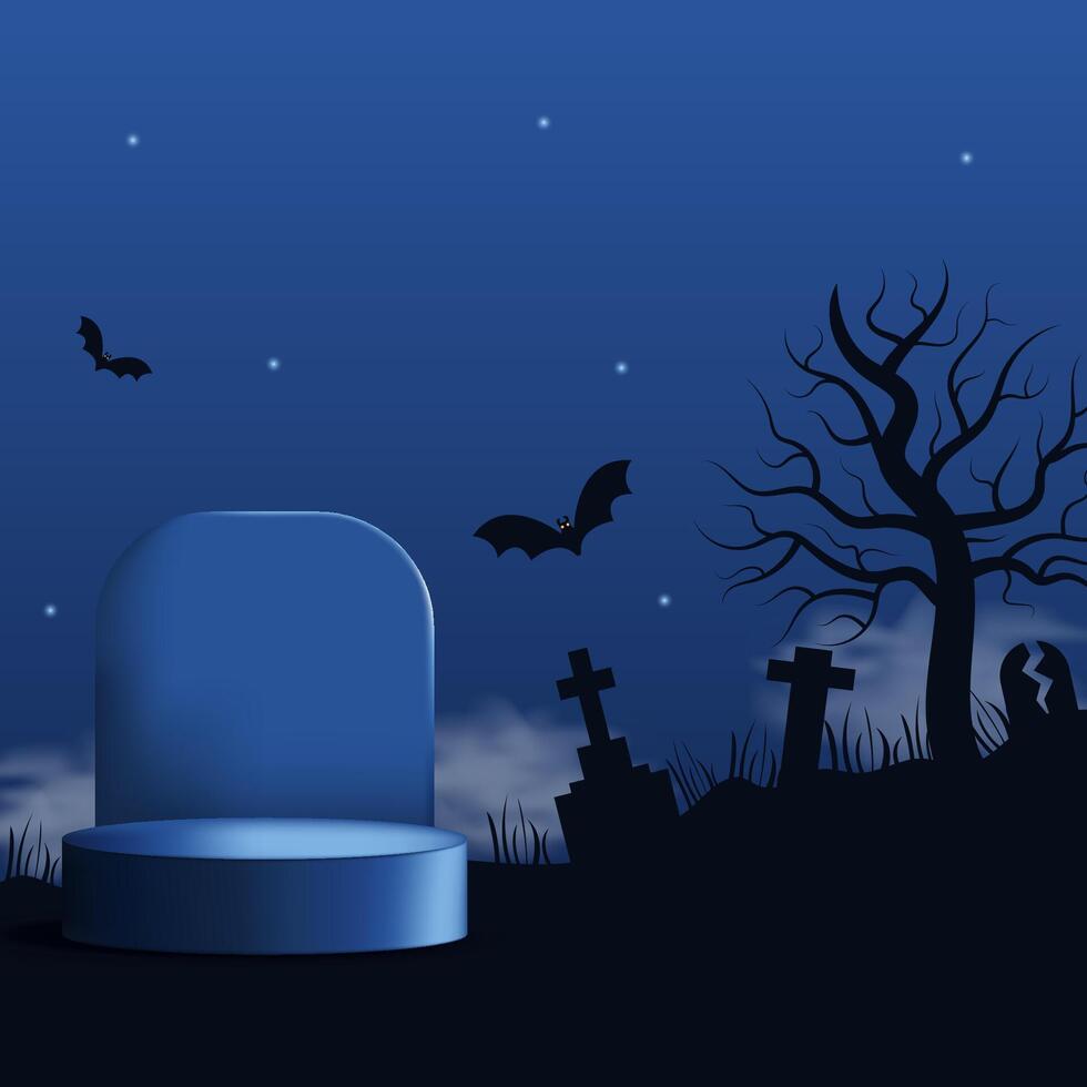 Square Halloween template with podium, bats, graveyard and night sky. Perfect spooky background with place for text. illustration vector