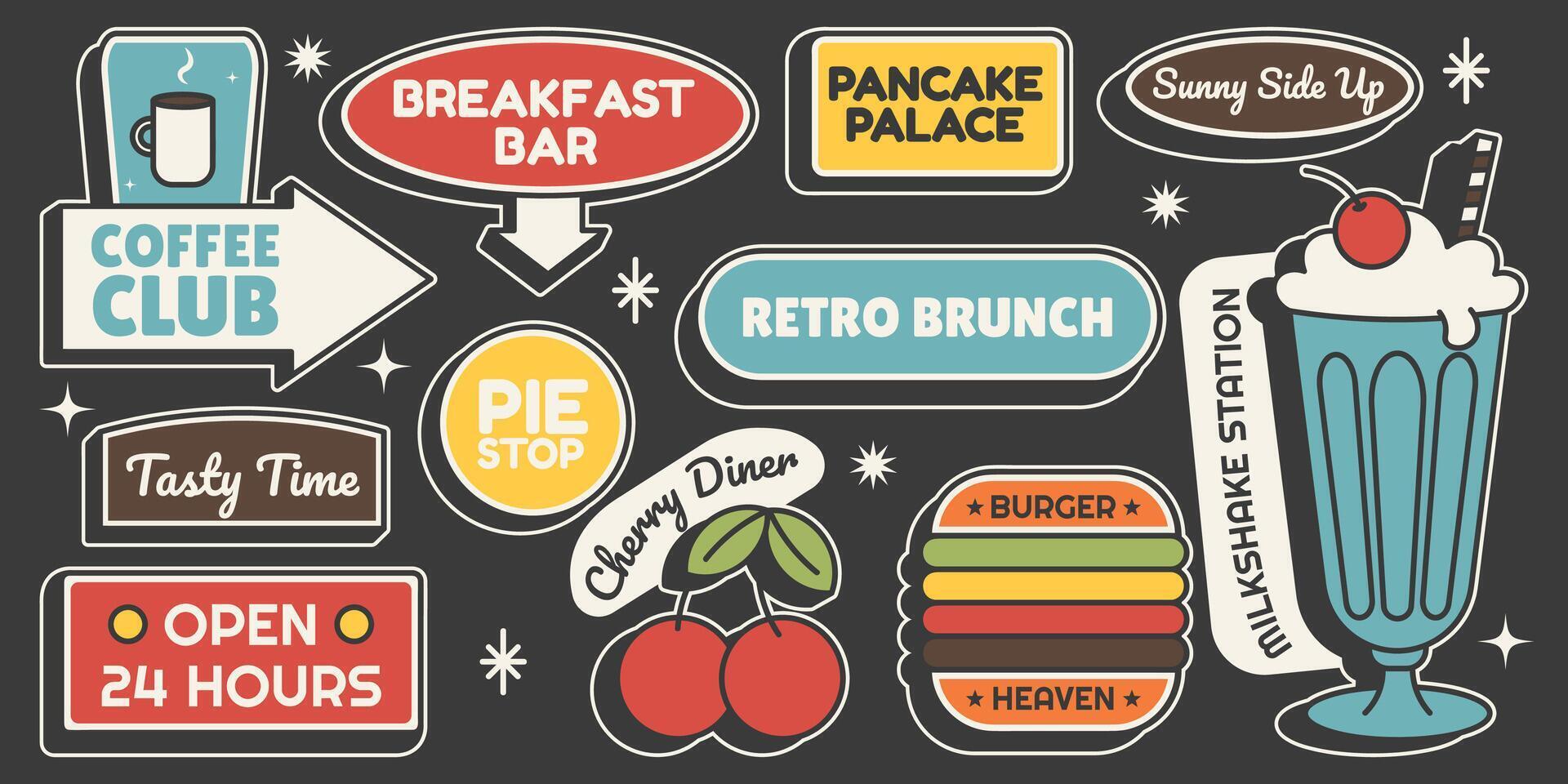 Set diner signs coffee, brunch, burger and dessert icons in retro Mid Century style. Stickers for food, cafe and restaurant design. illustration on black background vector