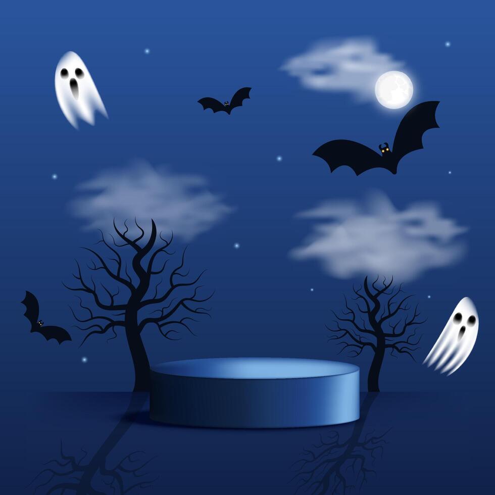 Happy Halloween scene with bats, full moon, podium, ghosts, trees and copy space. Ideal spooky mockup on dark blue background. illustration vector