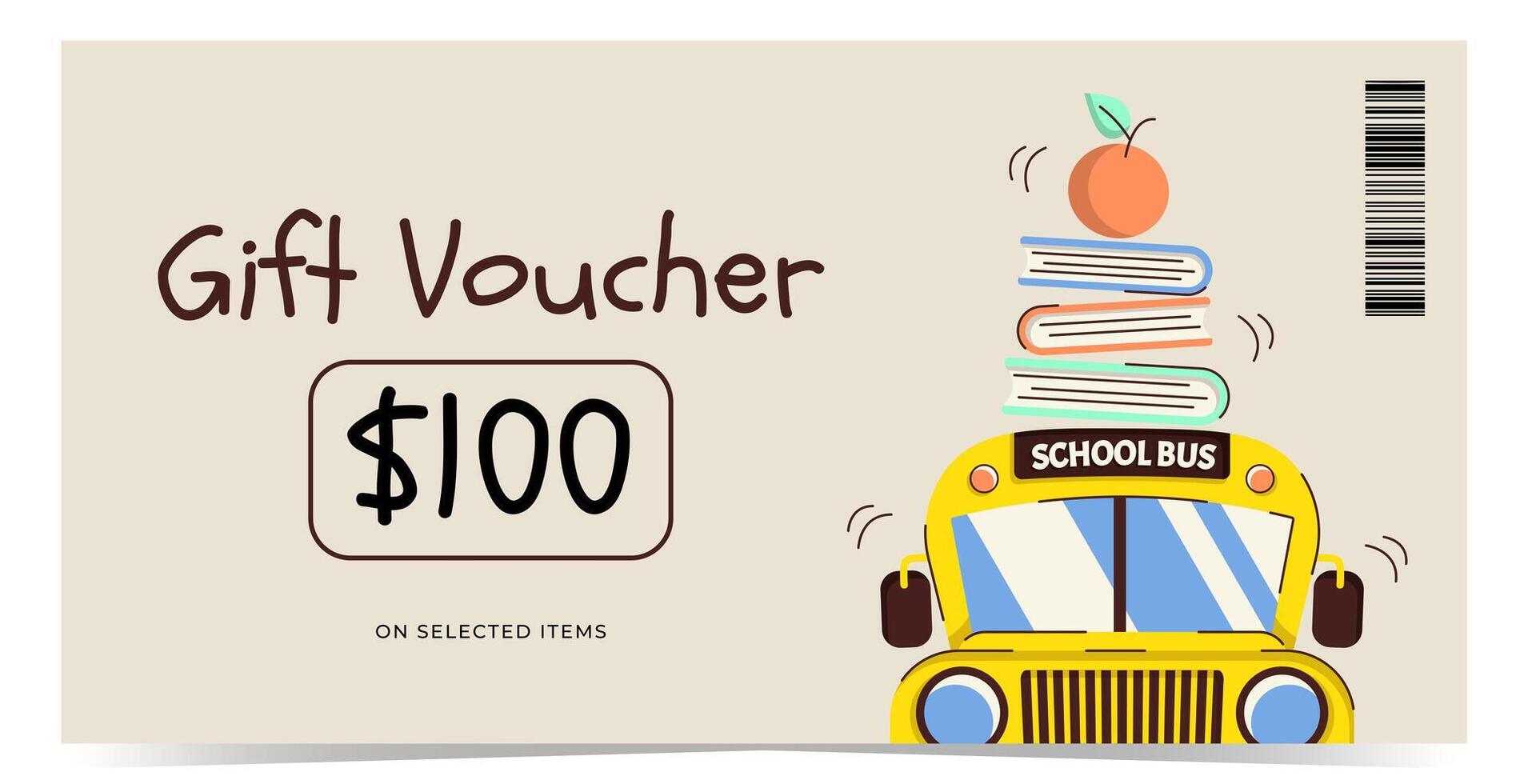 Modern gift voucher template with school bus, books and apple. Design for promotions, discounts, rewards and marketing materials. Flat illustration vector