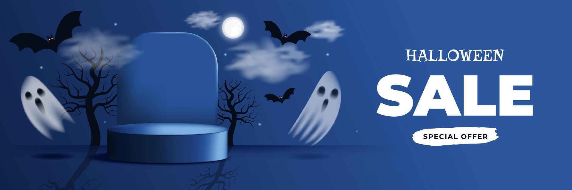 Happy Halloween sale banner clipart background design. Special offer discount for holiday season template with podium, flying ghosts, moon, bats, clouds, trees flat style dark blue background vector