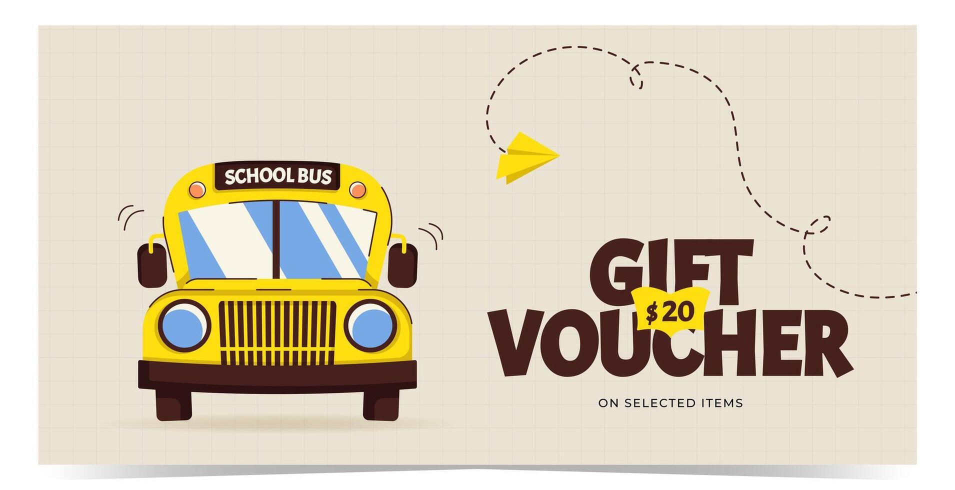 Modern gift voucher template with school bus, paper plane and dashed flight paths on squared paper. Design for promotions, discounts, rewards and marketing materials. Flat illustration vector