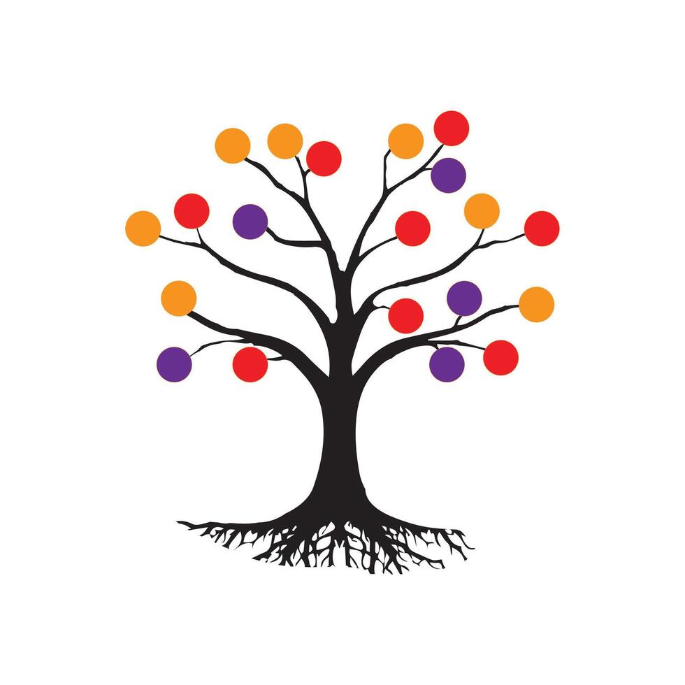 Colorful Circle Tree with Roots Abstract Growth and Life Symbol on White Background. vector