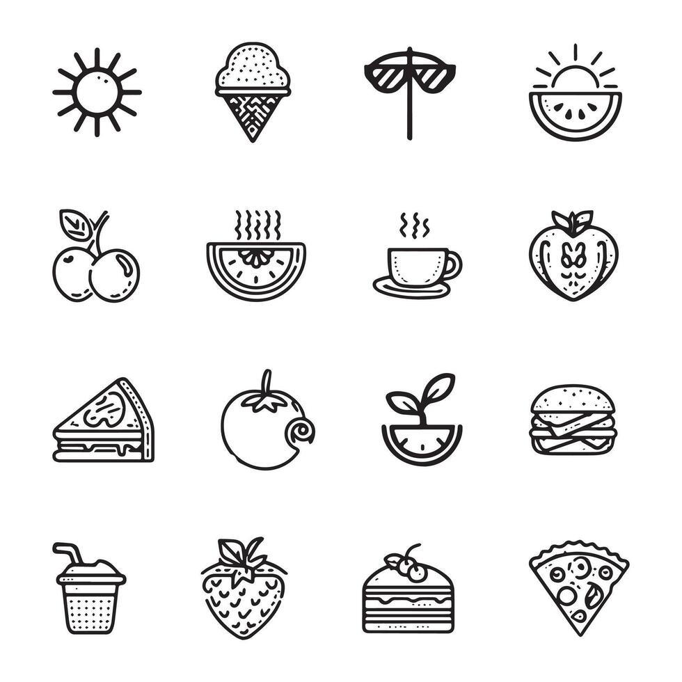 Black Lineart Summer Food and Fruit Icons Set for Seasonal Design. vector