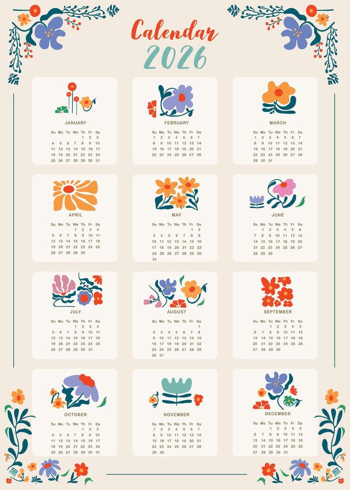 2026 monthly calendar week start on Sunday with flower that use for vertical digital and printable A4 A5 size vector