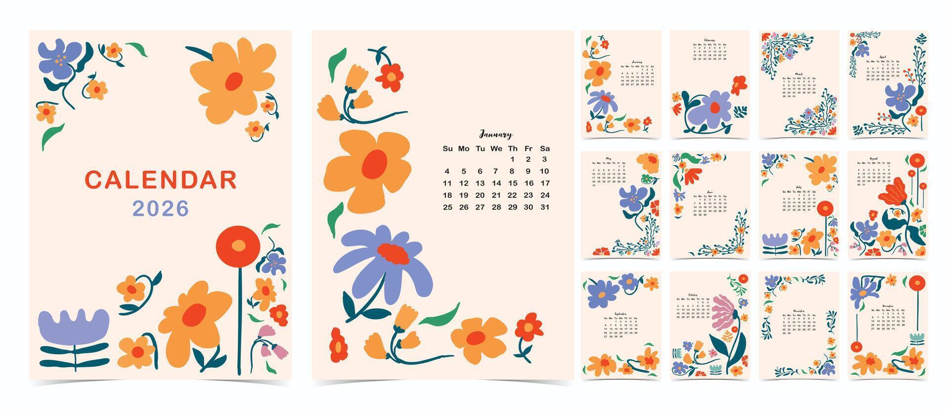 2026 table monthly calendar start on Sunday with flower that use for vertical digital and printable A4 A5 size vector