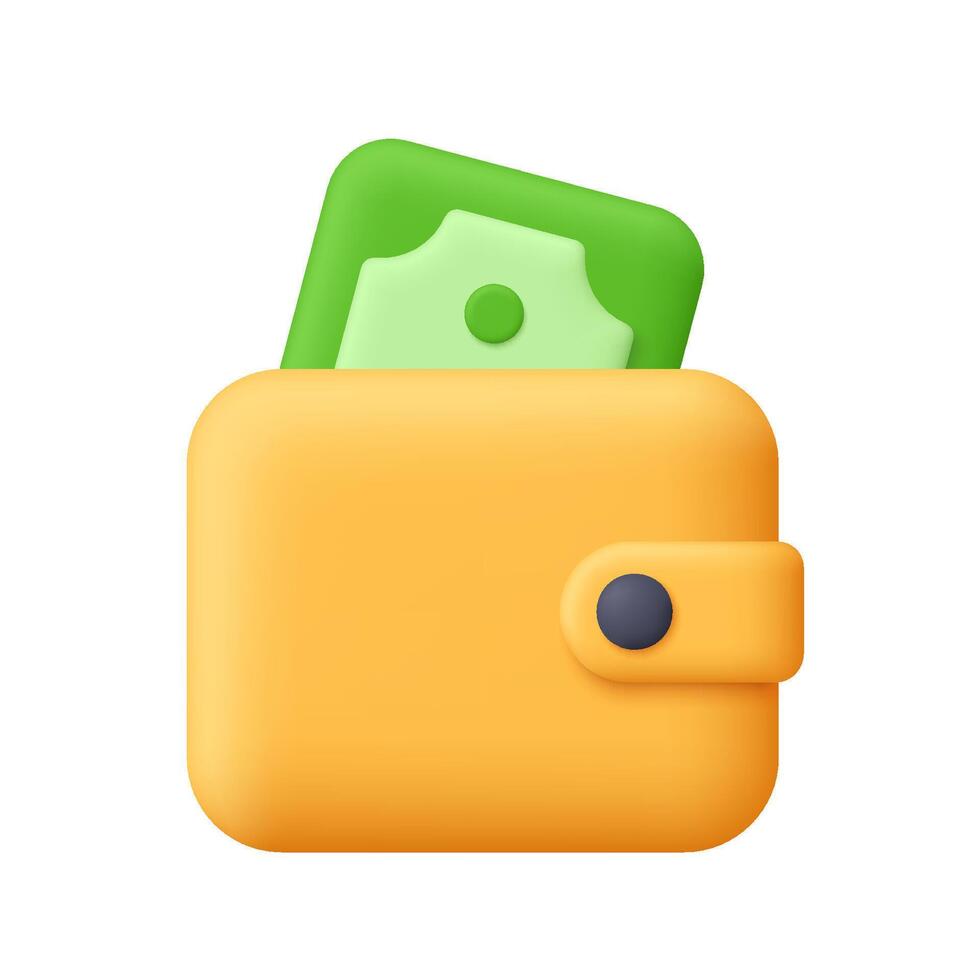 Yellow wallet with green banknote. Finance, investment , budget and savings concept. 3d icon. Cartoon minimal style. vector