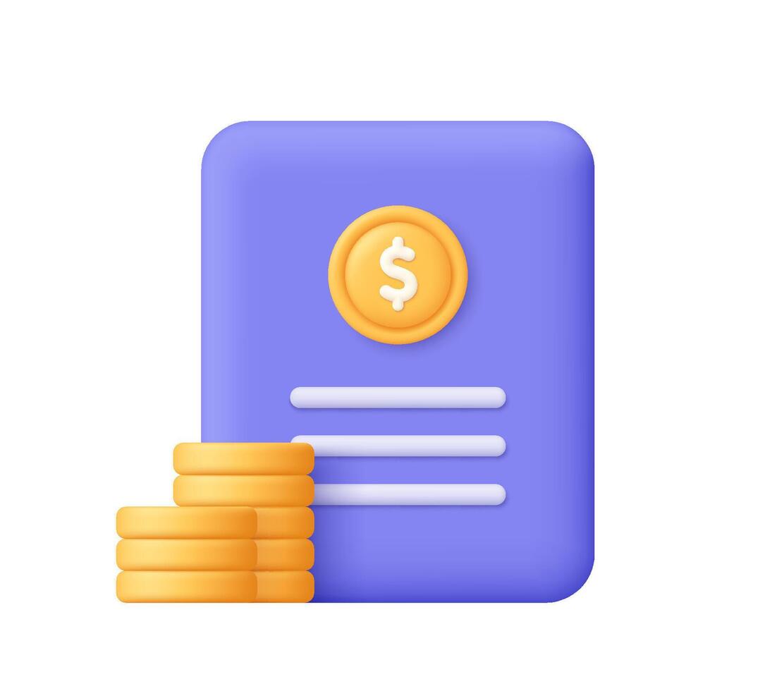 Financial document or report with a gold coin symbol and coin stack. Finance, accounting, budgeting and investment concept. 3d icon. Cartoon minimal style. vector