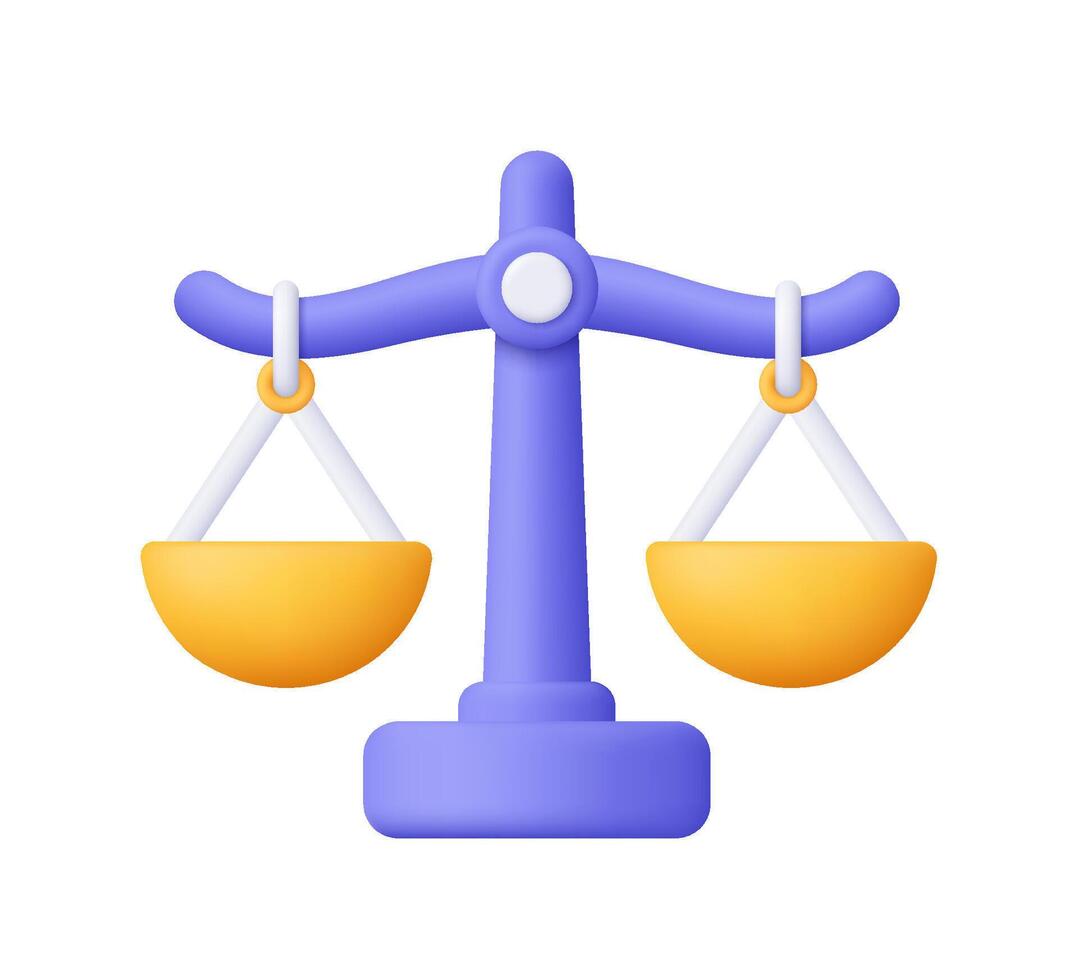 Purple balance scales with yellow gold scale pans. Decision, justice and law concept. 3d icon. Cartoon minimal style. vector