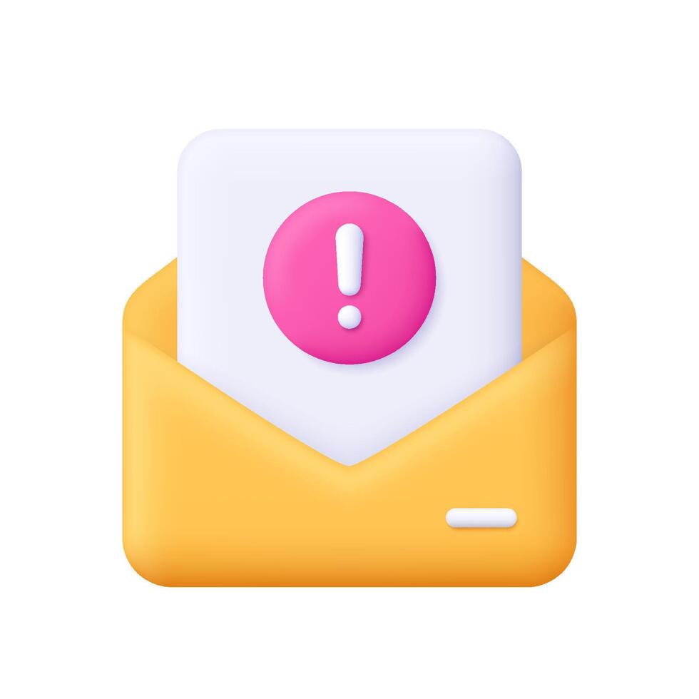 Yellow envelope with document file and exclamation mark. Message, alert, warning, notification, post mail, email concept. 3d icon. Cartoon minimal style. vector