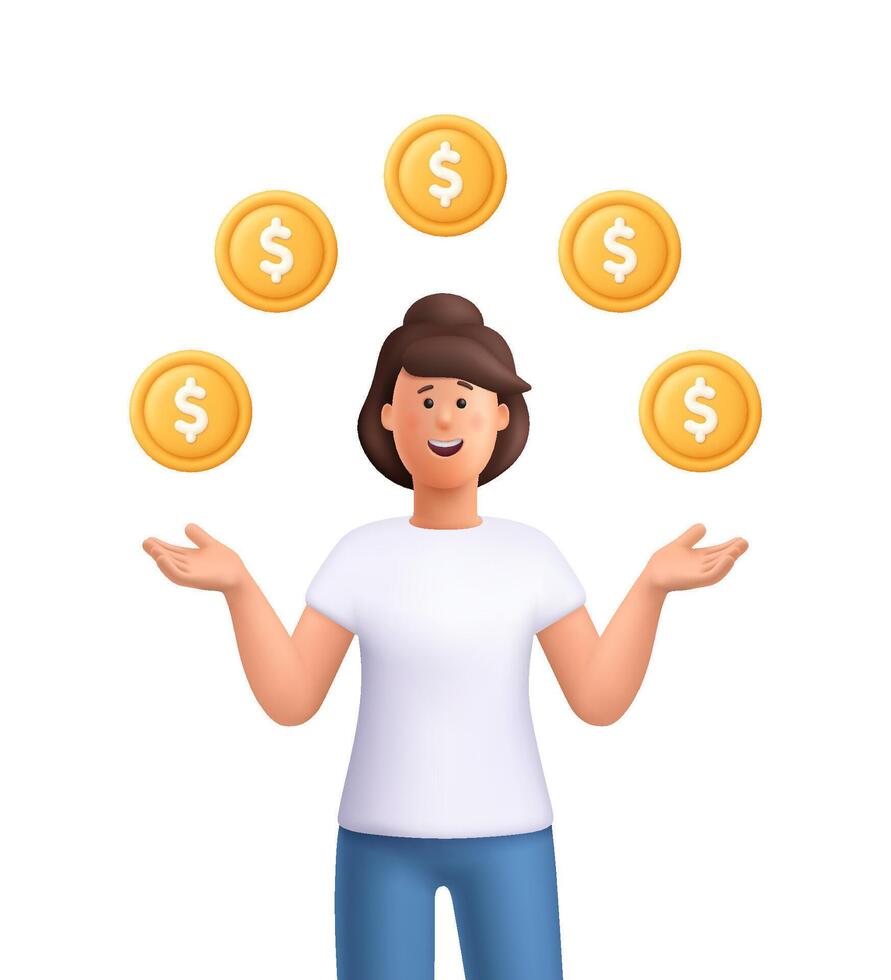 Young smiling woman Jane standing with golden coins signs float around her. Finance, business, money and investment concept. 3d people character. Cartoon minimal style. vector