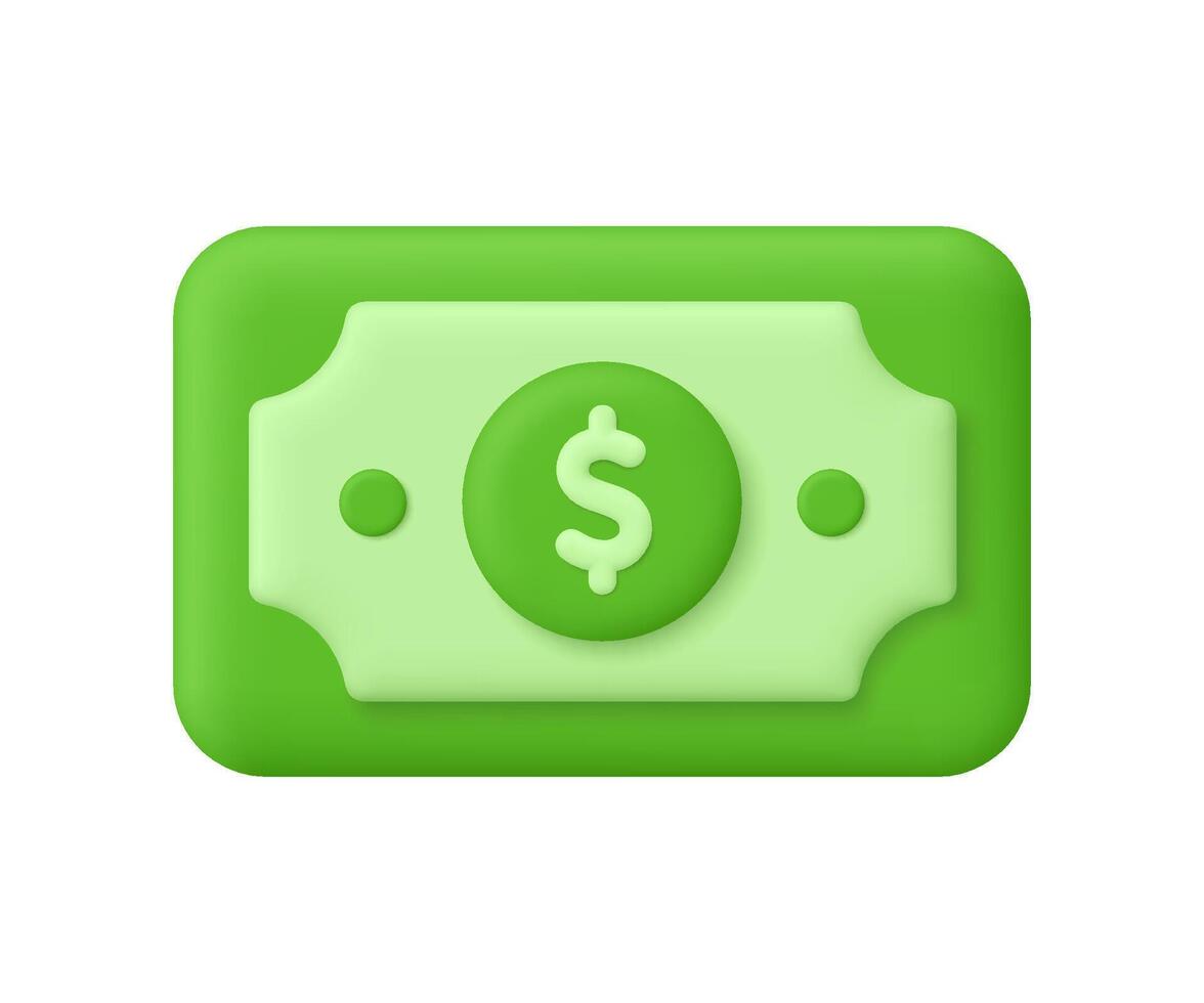 Green banknote with dollar symbol. Finance, business, income, savings, banking and investment concept. 3d icon. Cartoon minimal style. vector