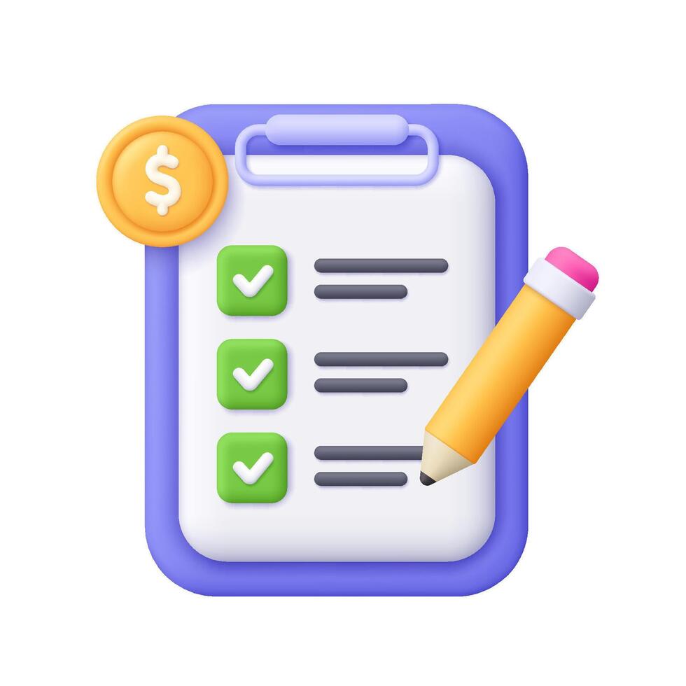 Clipboard with a checklist, pencil and dollar coin. Financial planning, budgeting tasks, money management and business strategy concept. 3d icon. Cartoon minimal style. vector