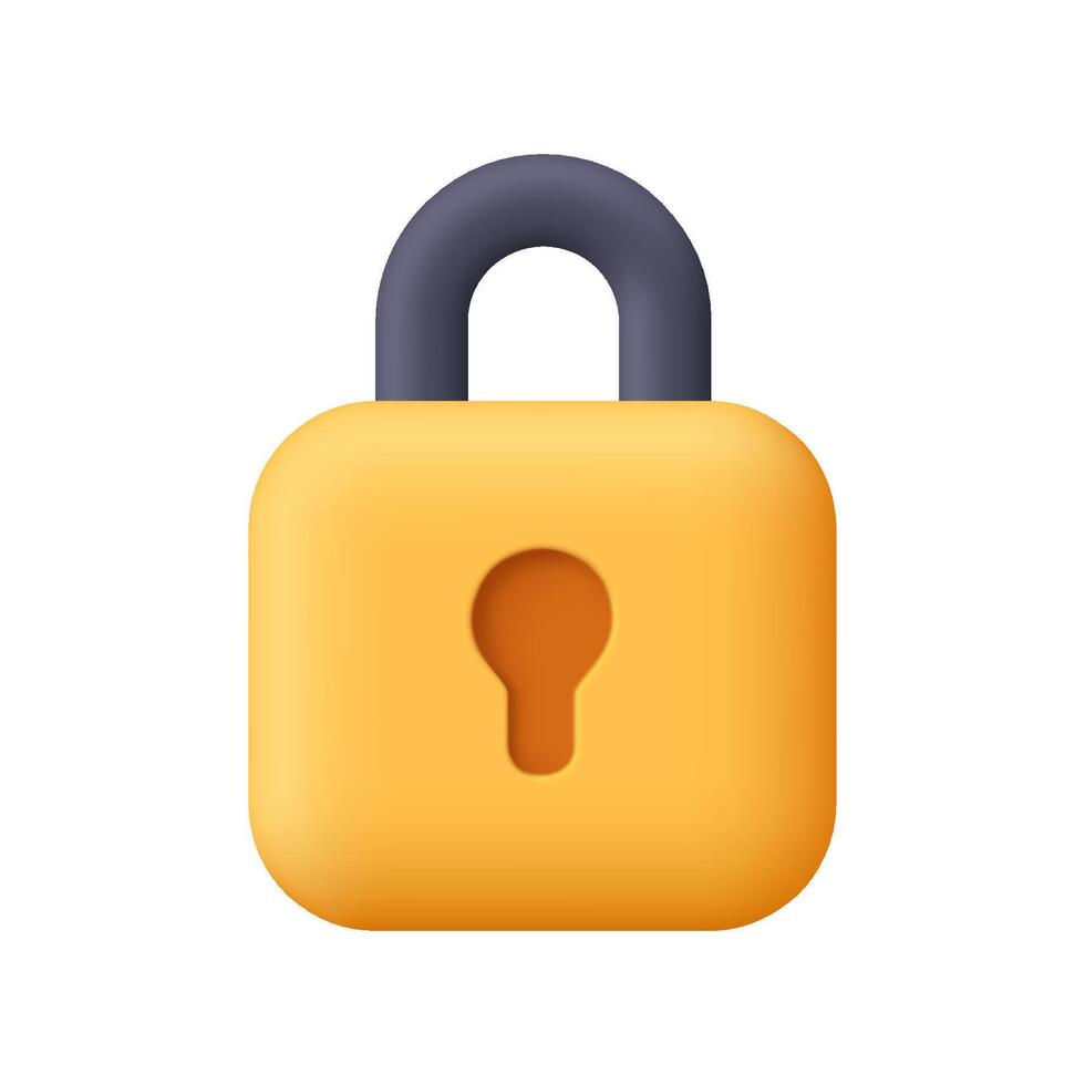 Yellow padlock with a black curved shackle and a keyhole. Security, safety, encryption, protection and privacy concept. 3d icon. Cartoon minimal style. vector